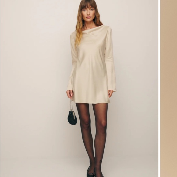 Reformation Pike Satin Cream Long Sleeve Dress - Picture 6 of 8